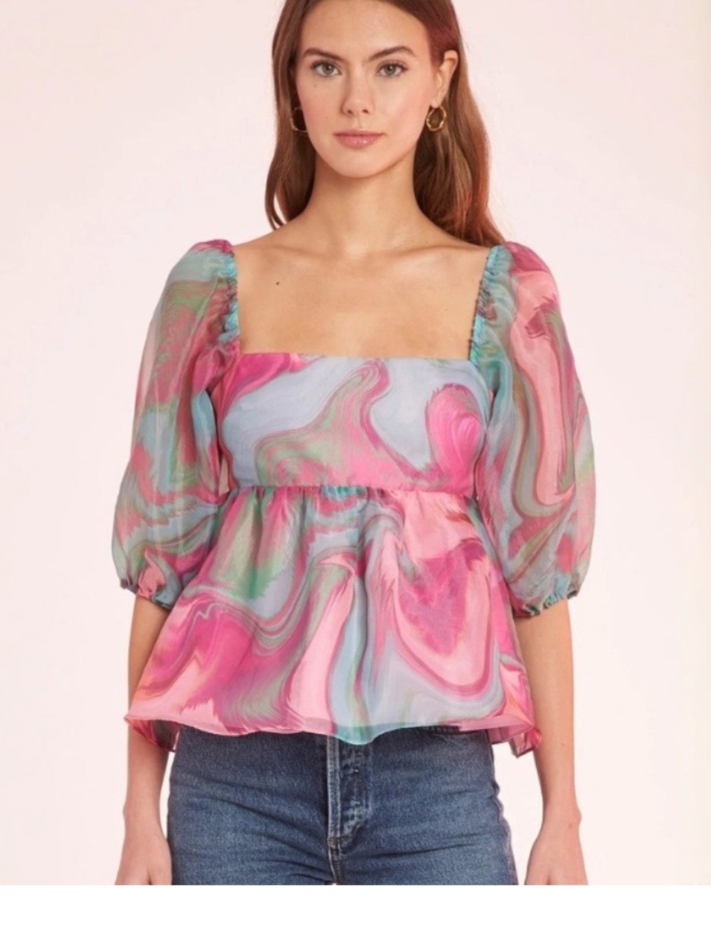 Amanda Uprichard Maisie pink marble puff sleeves top
